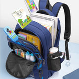 Blue backpack filled with school supplies
