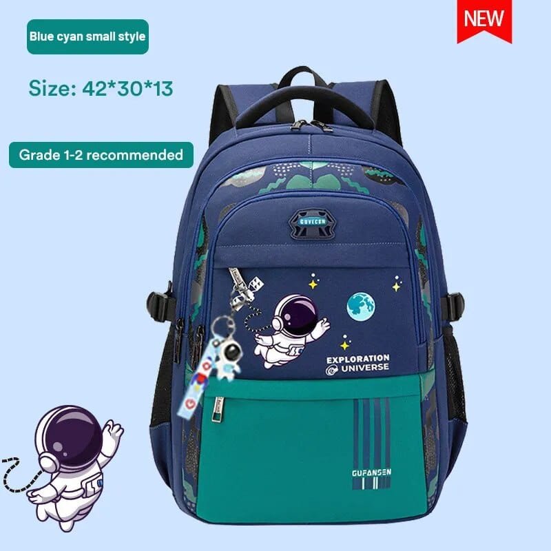 Blue and green backpack with space-themed design.