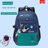 Blue and green backpack with space-themed design.
