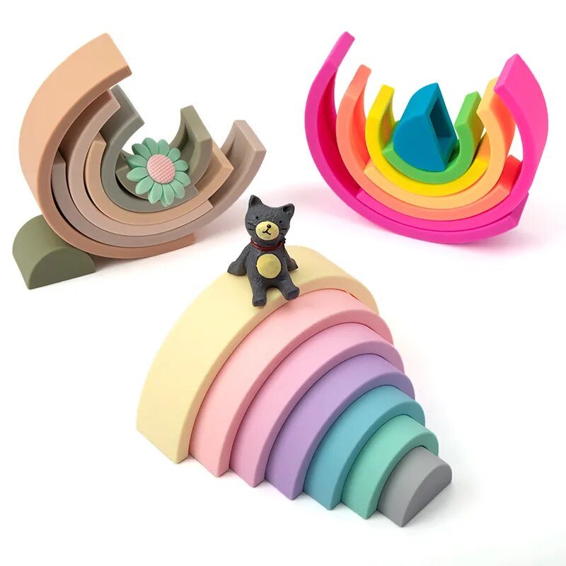 Silicone Baby Blocks rainbow Montessori toy full piece lineup for open-ended building and imaginative toddler play.