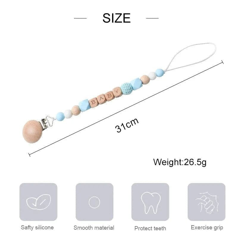 BPA-free silicone teether and dummy clip with custom name for safe chewing comfort during teething months.