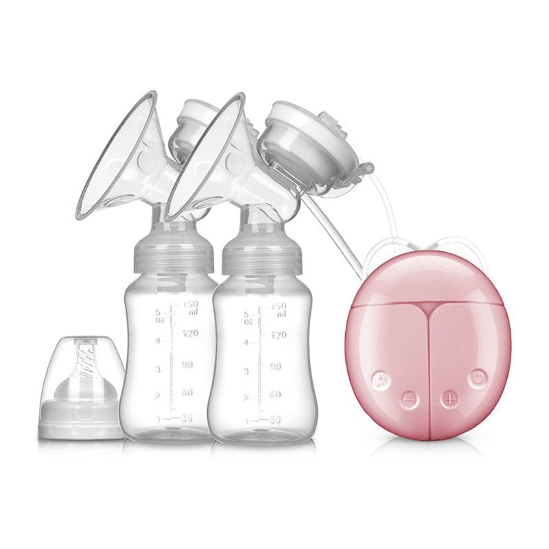Double electric breast pump with bottles and pink carrying case for convenient travel pumping.