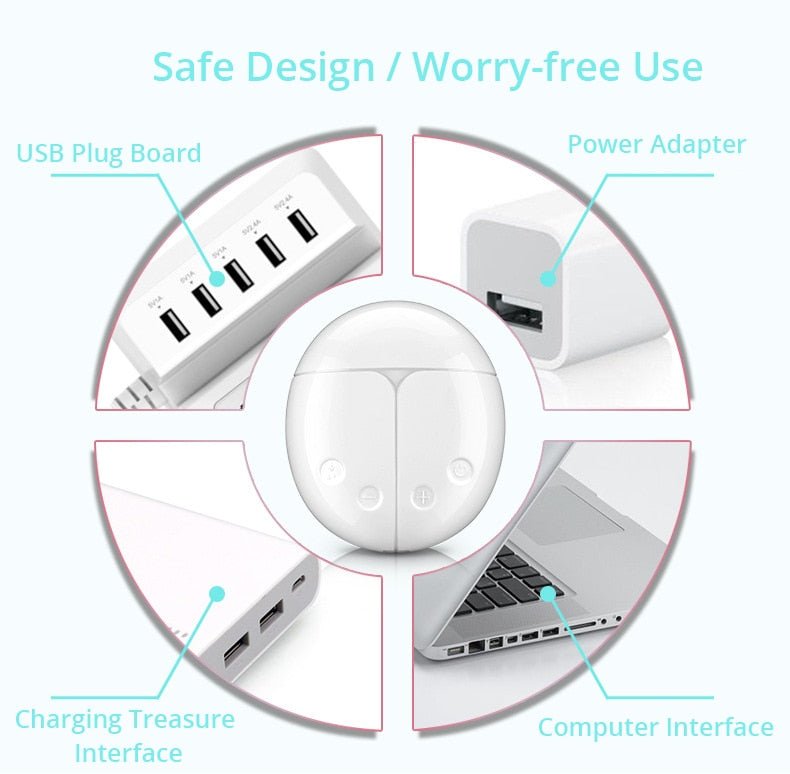 Breast pump power adapter and USB cable diagram showing labeled parts for easy setup.