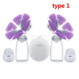 Electric breast pump with purple silicone parts on a white background