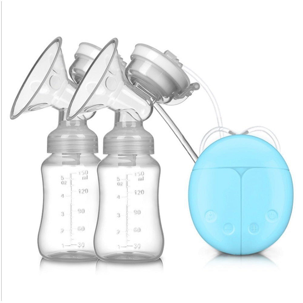 Double electric breast pump with two bottles and blue travel pouch for on-the-go moms.