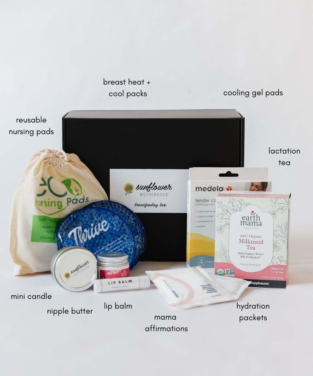 Collection of breastfeeding products including reusable nursing pads, breast heat and cool packs, cooling gel pads