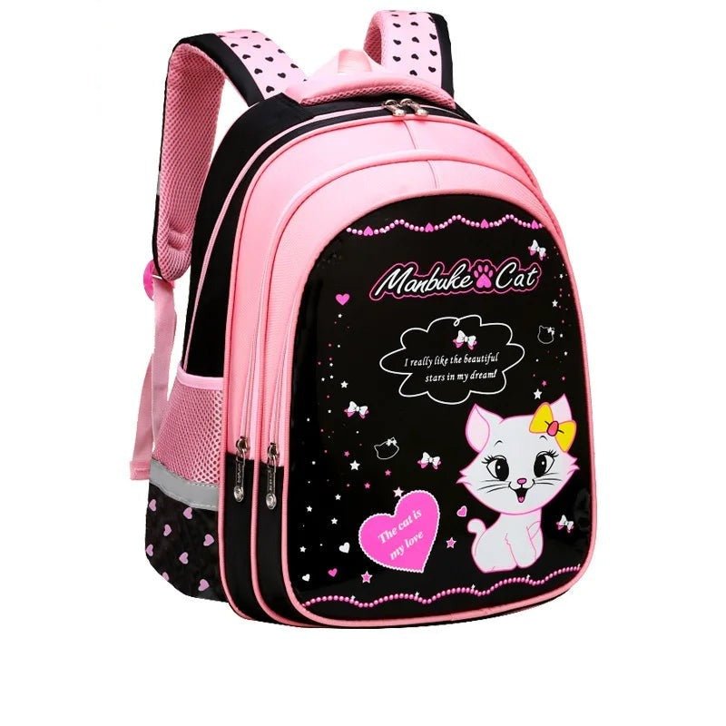 Pink and black backpack with a cat design.