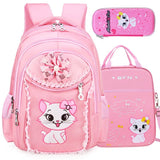 Pink backpack, lunch bag, and pencil case with cartoon cat design.