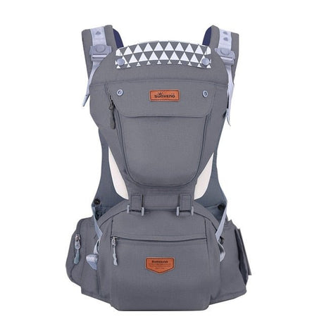 Gray baby carrier with a geometric pattern