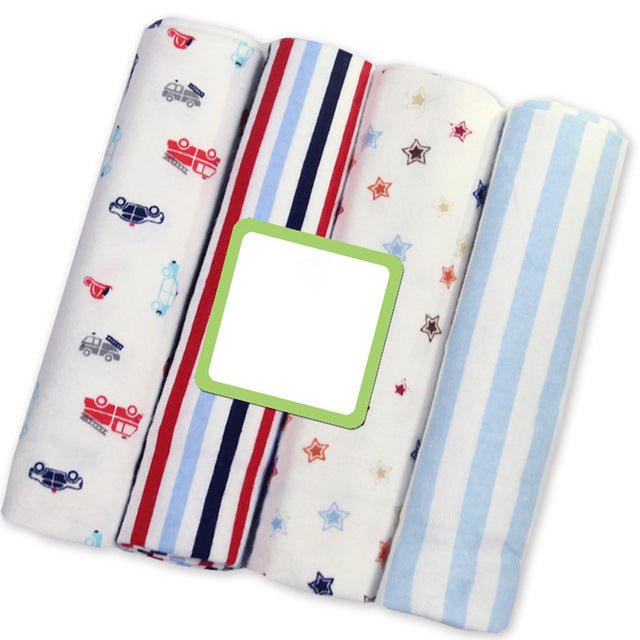 Breathable muslin baby blankets in mixed prints, a 4pcs set for warm-weather swaddling, cot layering, and nappy changes.