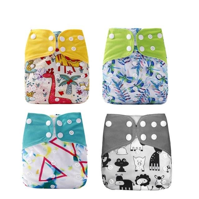 Four colorful baby diapers with different patterns (option 3)