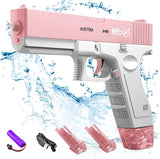 Pink and gray water gun with accessories.
