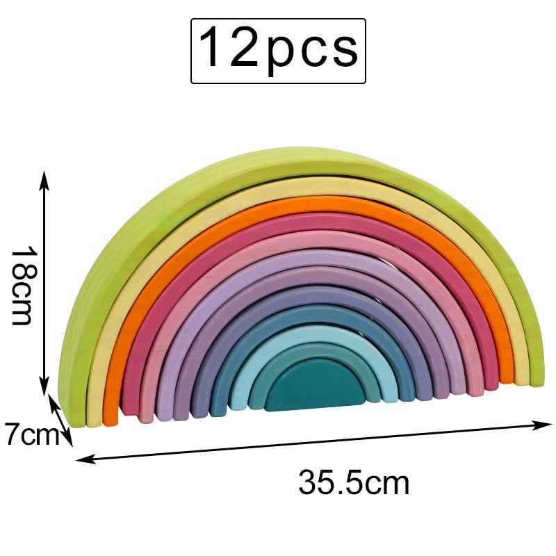 Set of 12 colorful wooden rainbow toys with measurements. (option 2)