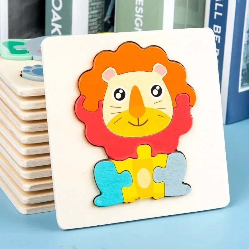 Colorful lion-shaped wooden puzzle on a blue surface with books.