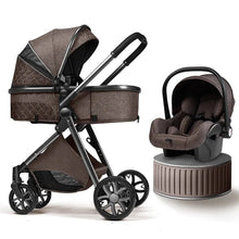 Multi-functional 3-in-1 baby stroller with car seat travel system in brown for stroller walks, car rides, and daily outings.