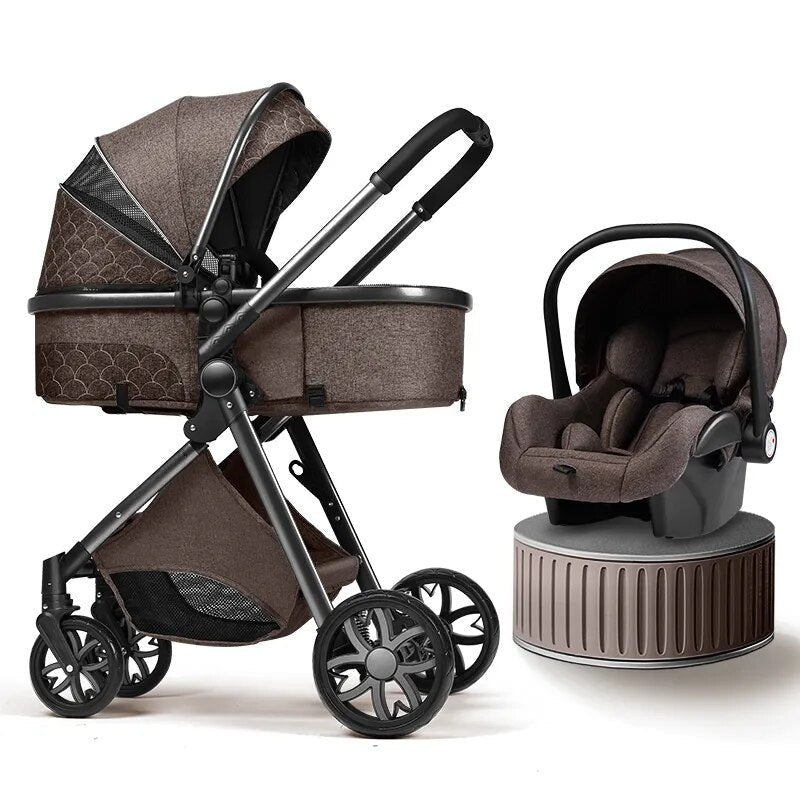 Brown 3-in-1 baby stroller demonstrating one-hand fold for quick storage and travel.