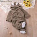 Brown cartoon animal long-sleeve baby romper for autumn daily wear and cosy nursery days.