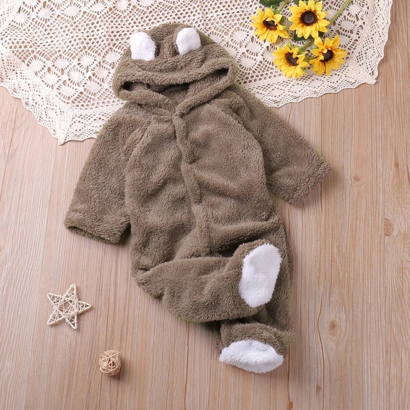 Brown bear ear hooded baby romper for autumn outings, stroller walks, and newborn gifting.