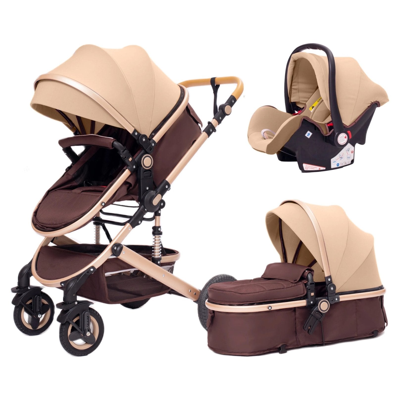 Brown and beige premium 3-in-1 baby stroller with car seat for luxury travel.