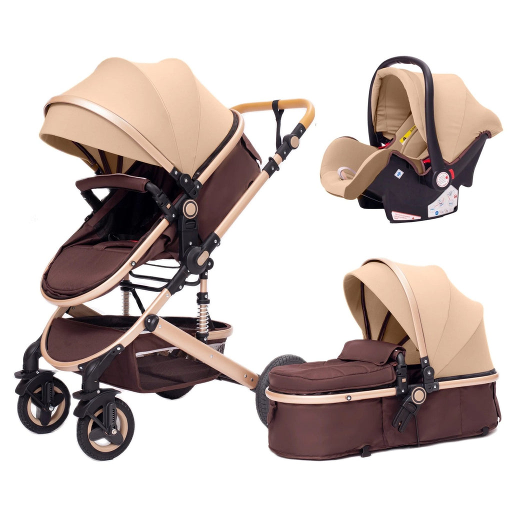 Brown and beige 3-in-1 baby stroller featuring a premium design for luxury travel.