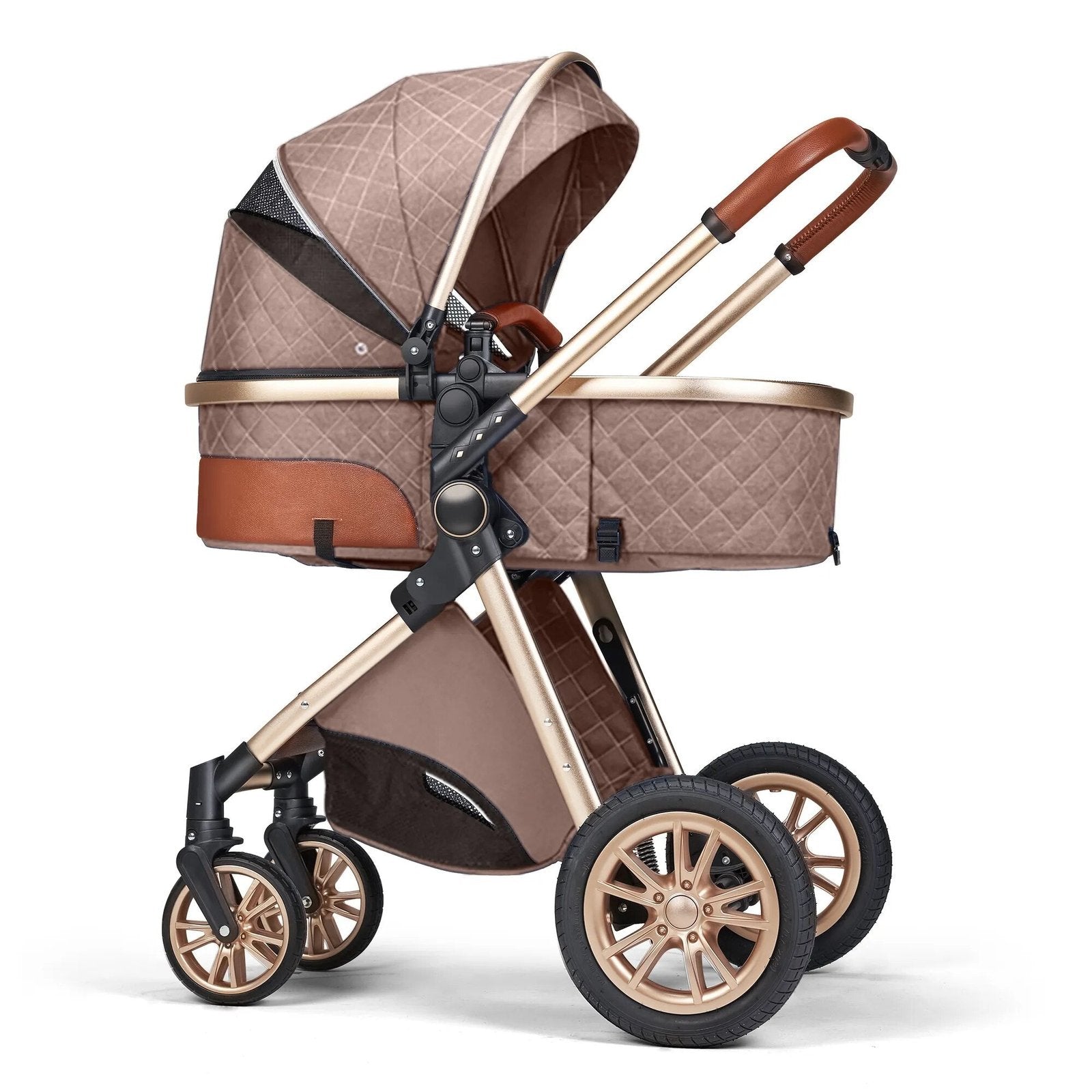 Brown and beige quilted 3-in-1 baby stroller travel combo for newborn car rides and walks.