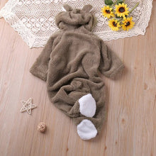 Brown bunny ear footed baby romper for warm autumn dressing and comfortable crawling.