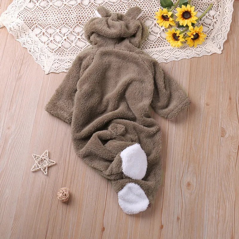 Brown bunny ear footed baby romper for warm autumn dressing and comfortable crawling.