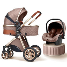 Brown convertible 3-in-1 baby stroller and car seat pram set for daily walks and travel.