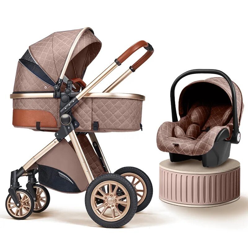 Brown convertible 3-in-1 baby stroller and car seat pram set for daily walks and travel.