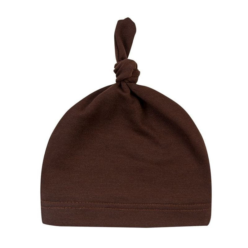 Brown newborn cotton knot hat in a neutral tone for everyday baby dressing and photo shoots.