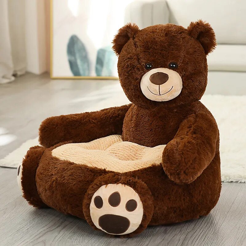 Brown teddy bear plush baby seat sofa chair with soft filling for baby lounging, nursery corners, and toddler rest time.