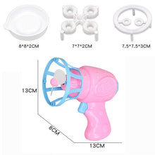 Bubble maker gun with mini fan shown with attachments and sizing to help plan outdoor play use.