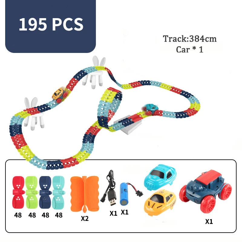 Build Your Own LED Race Track kit with colorful track pieces and cars for creative assembly.