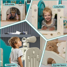 Bus-shaped 9-in-1 toddler slide playset collage highlighting the drill hole, aisle, telescope, and storage features.