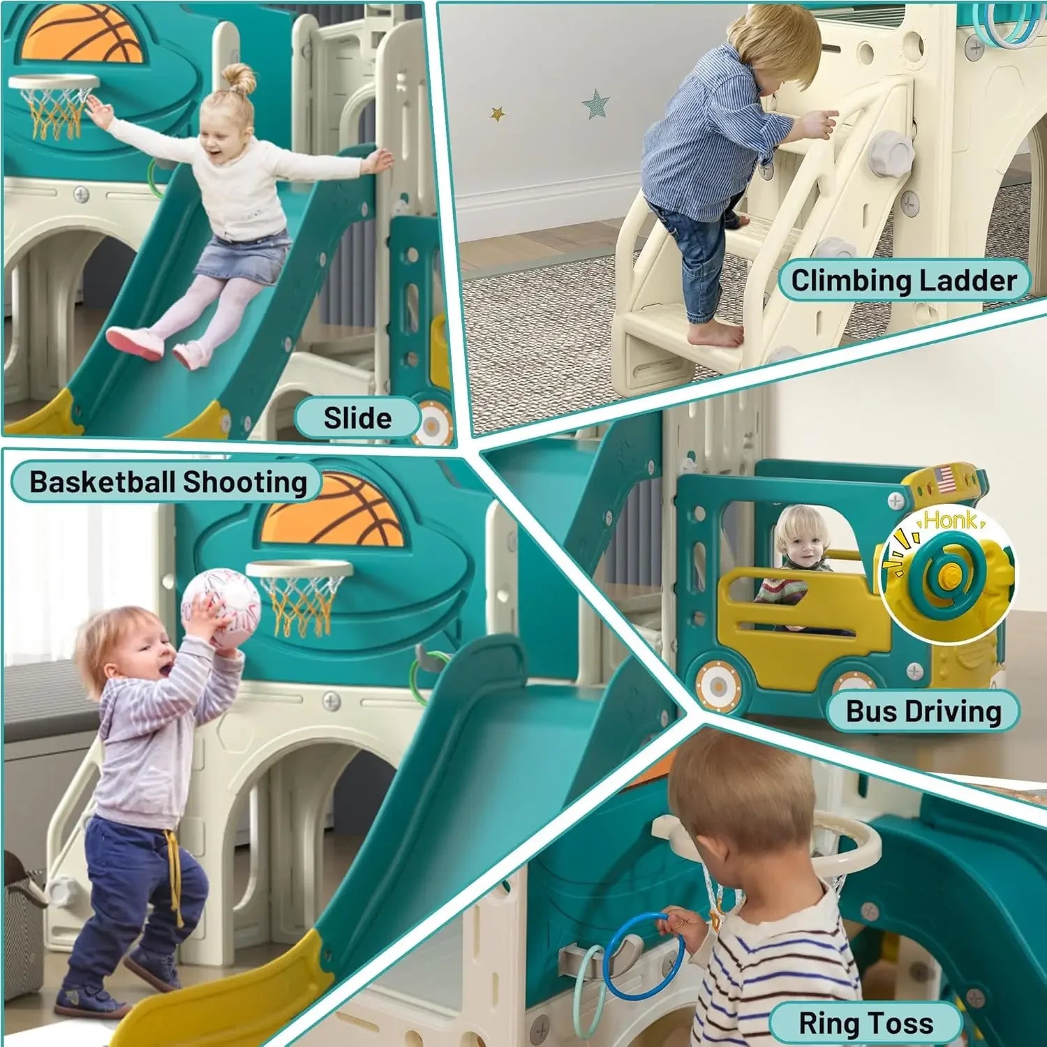 Bus-themed 9-in-1 toddler slide and climber playset with ladders and basketball hoop for indoor and outdoor use.