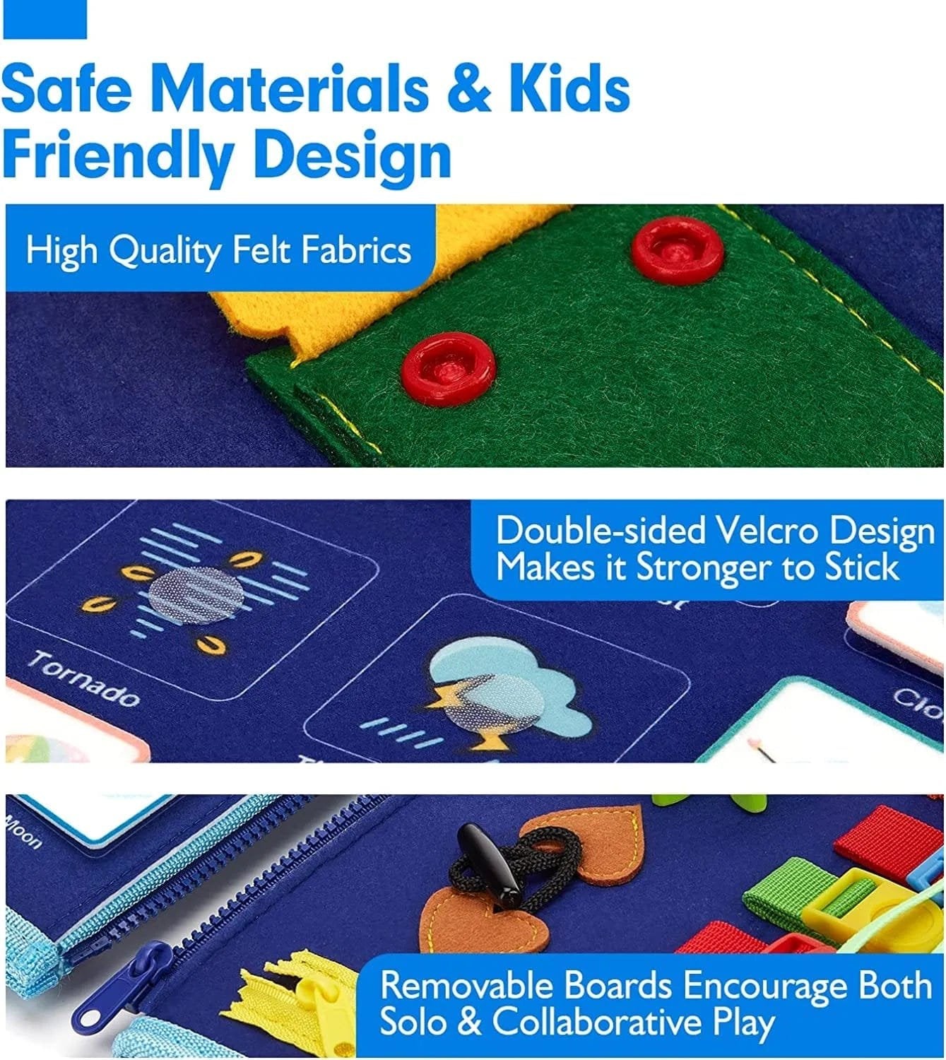 Travel Busy Board with soft felt panels and Velcro pieces for safe toddler play and hands-on motor skill practice.
