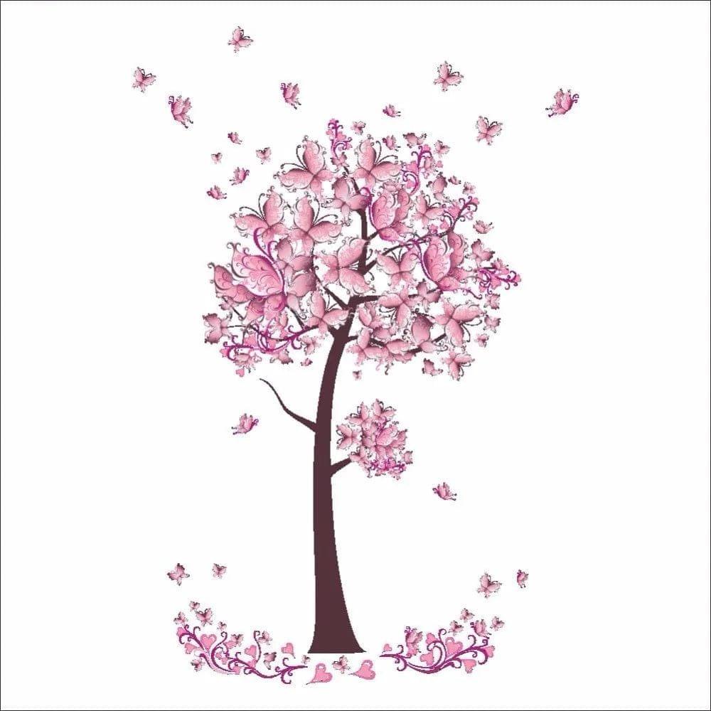 Design detail of the butterfly and blossom tree wall decal used to brighten nursery walls without paint.