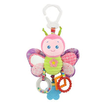 Butterfly plush handbell rattle with teether for baby sensory play, gentle sound stimulation, and gum soothing.