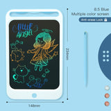 Small electronic drawing board with colorful drawings on a blue background