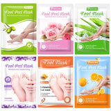 Collection of Putimi foot peel mask packages with various designs and colors.