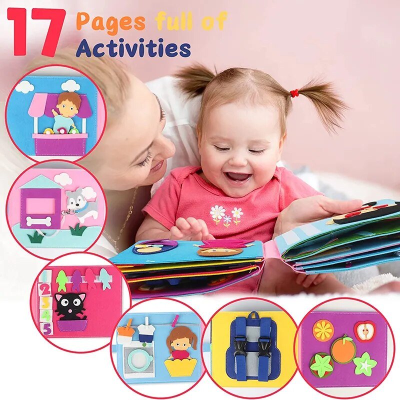 Woman and child reading a colorful activity book with illustrations on a pink background