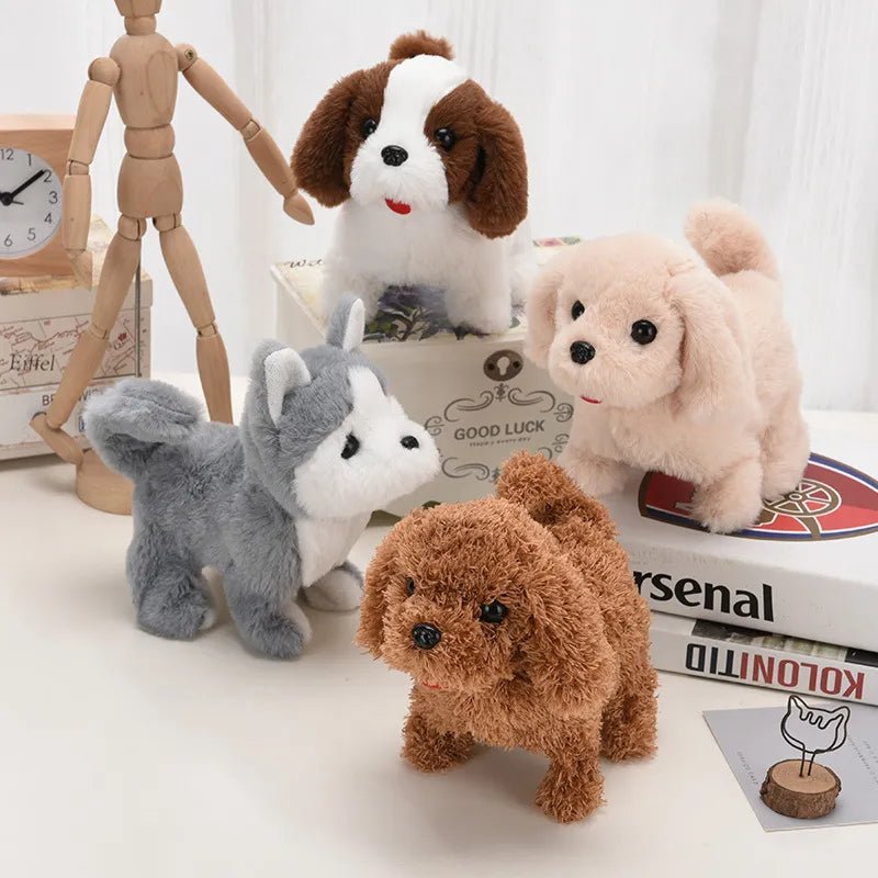 Four plush toy dogs on a surface with a clock and books in the background