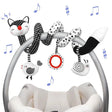 Baby crib mobile with cat-themed hanging toys on a white background