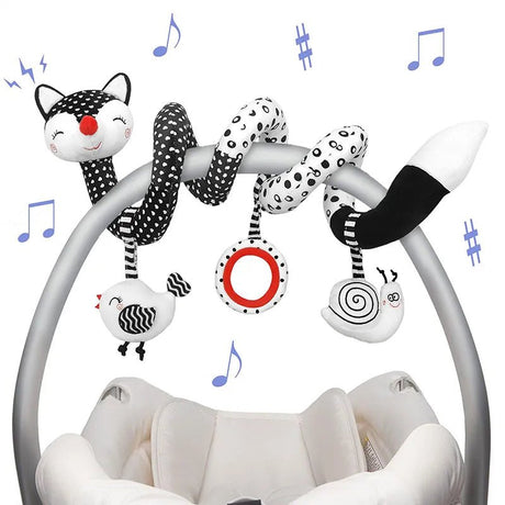 Baby crib mobile with cat-themed hanging toys on a white background