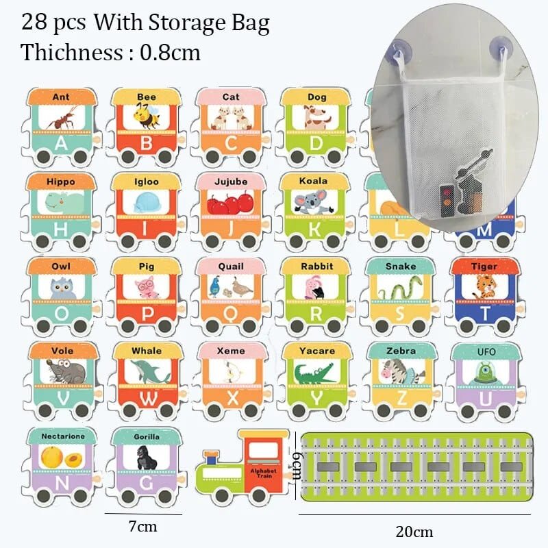Children's puzzle with train design, animals, and letters, including a storage bag.