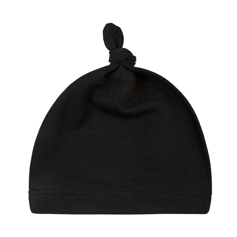 Black baby hat with knot on top against a white background