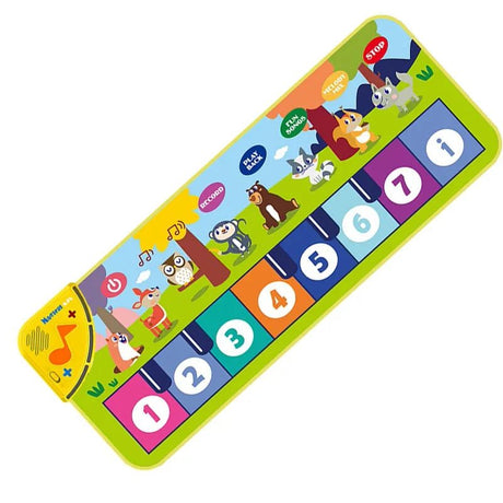 Colorful toy piano with animal illustrations and numbers on a white background