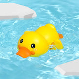 Yellow rubber duck floating in clear blue water with white pool noodles in the background.