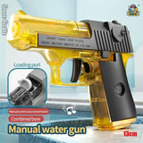 Toy water gun with yellow and black design, labeled 'Manual water gun', on a poolside background.