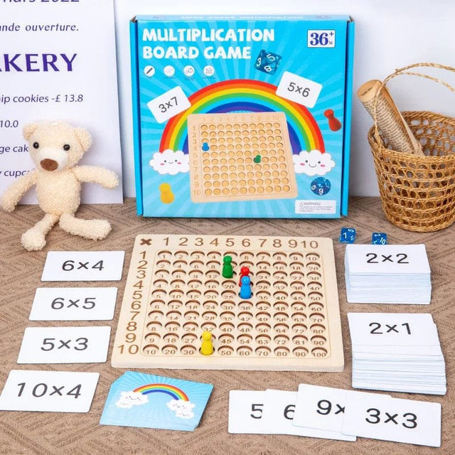 Multiplication board game with cards and dice on a table